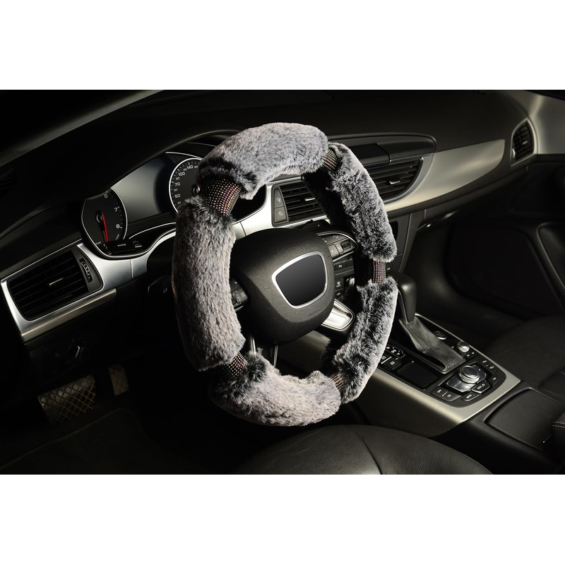 KAFEEK Diamond Fluffy Microfiber Plush Steering Wheel Cover with Bling
