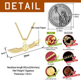 LUTAKU Men's Jewellery Winged Basket Ball Gold Necklace for Men Boys Punk Sports Basket Lovers Pendant 316L Stainless Steel Hip Hop Chains for Men, Stainless Steel, No Gemstone
