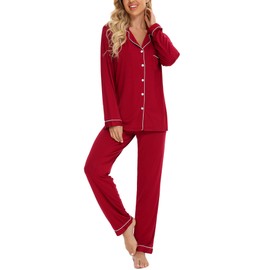 Anjue Womens Christmas Pajamas Comfy Soft Cotton Sleepwear Womens Pjs Sets Long Sleeves Pajama Cute Pj Sets(Wine Red,XXL)