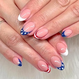 24pcs 4th of July Press on Nails Short Almond Independent Day Fake Nails Glossy False Nails with White Star Design Red Blue French Tip Glue on Nails Full Cover Stick on Nails for Women DIY Manicure