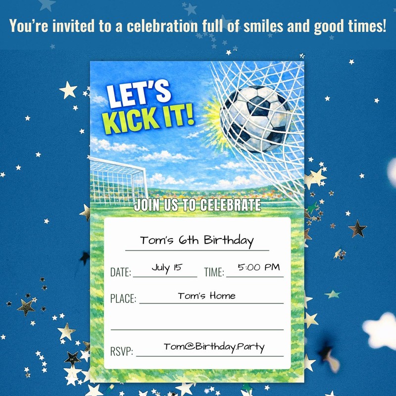 WENFLY Soccer Celebration Party Invitation Cards, Let's Kick It