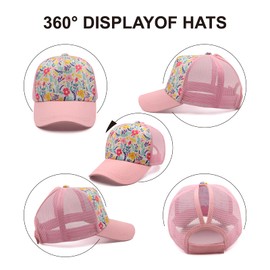 ProMindFun Womens Pony Hat High Ponytail Baseball Cap Girls Messy Bun Caps Camouflage Trucker Bad Hair Day Adjustable Dad Hat, 0002-pink Flowers, 7