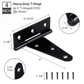 Auxdee 6 Pack 4 Inch T-Strap Shed Door Hinges Heavy Duty, Barn Door Gate Hinges with Screws, Tee Hinges for Wooden Fences, Yard, Patio Door, Black Wrought Hardware Iron Rustproof