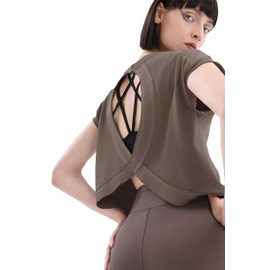 Loovoo Yoga Tops Athletic Shirts Women Flowy Crop Tops for Women Workout Top Athletic Gym Tops Casual Loose Fit Khaki S