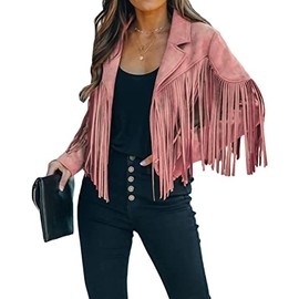 CHARTOU Casual Faux Leather Jacket Women Motorcycle Jacket Fringe Cropped Jacket Utility Tassel Suede Moto Jacket (Medium,Pink)