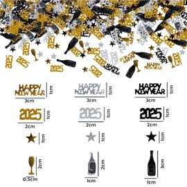 Confetti New Year's Eve, New Year's Eve Decoration, 1000 Pieces New Year's Eve Decoration 2025 Party Set in Gold, Silver and Black, Suitable for Table Decoration, New Year's Eve, Carnival Party