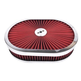 TEKKOAUTO 12" x 2'' Oval Super Flow Thru Air Cleaner with Washable Red Element Chrome Trim for 5-1/8" Carb Neck