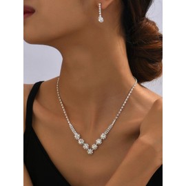 Yean Wedding Jewelry Set Silver Bridal Necklace Earring Set Rhinestone Neckalce for Bride and Bridesmaid