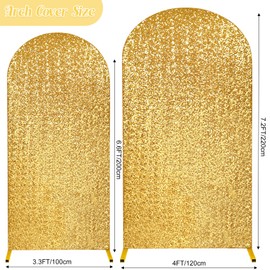 Set of 2 Sequin Wedding Arch Stand Cover 2-Sided Round Top Spandex Fitted Bling Arch Backdrop Cover Chiara Arch Stand Cover Birthday Party Baby Shower Wedding Arch Decor（7.2FT, 6.6FT, Gold）