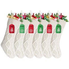 Christmas Stockings Large 18 Inches Christmas Stockings with DIY Name Tags White Cable Knitted Xmas Stockings Classic Christmas Decorations for Family Holiday Party Ivory 6 Pack