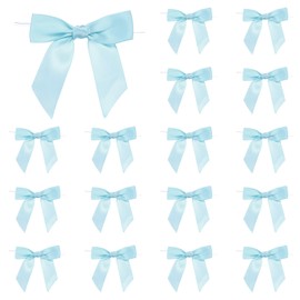 MECCANIXITY 50 Pcs Pre-Tied Bows Satin Ribbon Bows 3.5" Twist Ties Gift Bows for Craft DIY Candy Bags Christmas Wedding Decor Party Treat Bags Light Blue