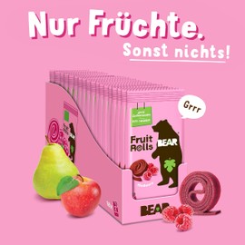 BEAR Fruchtrollen Himbeere | 100% Natürliche Inhaltsstoffe | Ohne Zusatz von Zucker | Gesunder Snack für Kinder & Erwachsene | 18 Beutel x 20g | 360g
