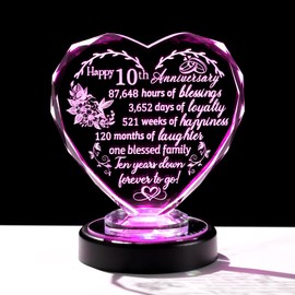 10th Wedding Anniversary Romantic Gifts for Wife Women, Glass Heart Anniversary Keepsake 10th Anniversary Presents Ornaments with LED Base for Couples