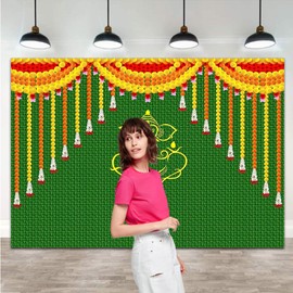 Indian Carnival Photography Backdrop Green Chatiya Ganesh Background Mehndi Diwali Festival Marigold Puja Ganpati Wedding Photo Tapestry Booth Props Supplies 8x6ft