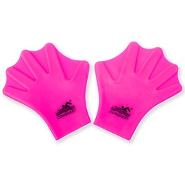 EXCEREY - Guantes de natación de silicona con malla de malla para natación, guantes de natación para niños (rojo rosa, M, un par)