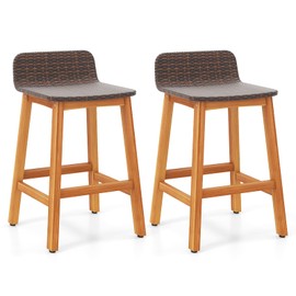Tangkula Solid Acacia Wood Bar Stools Set of 2, Rattan Bar Height Patio Chairs with Footrests, Outdoor Seating for Porch, Balcony, Garden, Backyard (Mix Brown,1)