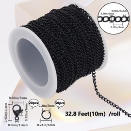 SOFPLATE 33 Feet/10m 3mm Curb Chain Links Black Curb Chain Iron Cable Oval Link Chain with Spool & 20Pcs Lobster Clasps & 50Pcs Jump Rings Bracelet Necklace Making Kit for DIY Crafts jewellery Making