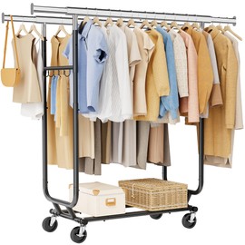 Tajsoon Double Rod Clothes Rack 480 LBS Heavy Duty, Rolling Clothing Rack with Wheels, Collapsible Clothing Rack for Hanging Clothes, Adjustable Commercial Garment Rack with Shelf, Black