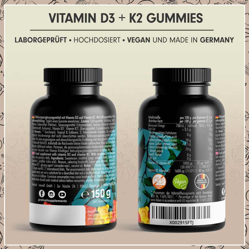 Vitamin D3 + K2 Gummies 180x with 1000 IU Vitamin