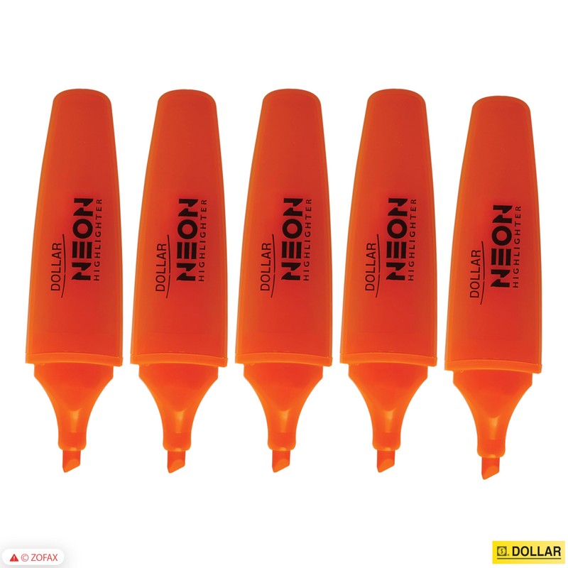 DOLLAR NeoGrip Highlighter Pens, ORANGE, Pack of 5, Chisel Tip
