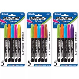 BAZIC Fancy Colors Fine Tip Permanent Markers w/ Pocket Clip (5/Pack)