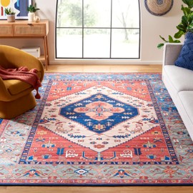 SAFAVIEH Tucson Collection Area Rug - 9' x 12', Rust & Blue, Persian Medallion Design, Non-Shedding Machine Washable & Slip Resistant Ideal for High Traffic Areas in Living Room, Bedroom (TSN133P)