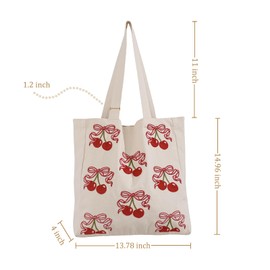 Perseverance Trade Aesthetic Embroidery Canvas Tote Bag for Women Red Cherry Cute Shoulder Bag with Magnetic Buckle and Zipper Inner Pocket Reusable Cotton Bag for Shopping Grocery Beach Work Book Gym
