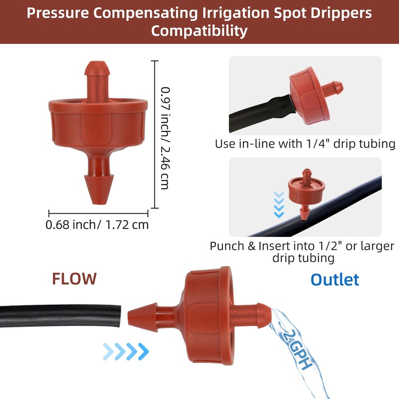 60PCS 2 GPH Pressure Compensating Drip Irrigation Spot Watering Drippers/Emitters,