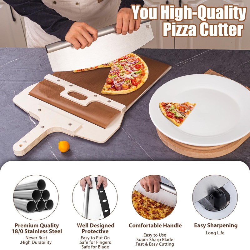 Leozzo Sliding Pizza Peel, Pizza Slider Paddle with Pizza Cutter