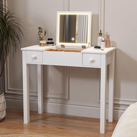 Organizedlife Small Makeup Vanity Desk with Flip Top Mirror, Dressing Table with 3 Modes Adjustable Lights, 2 Drawers and 3 Storage Box, for Bedroom