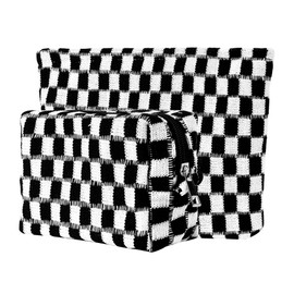 BUNCHBRAVO Checkered Makeup Bag Set of 2, Knitted Fabric Cosmetic and Toiletry Pouch with Zipper, Boho Plaid Travel Organizer, Black and White, Black and White, Complementary Sizes, Travel Checkered