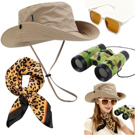 ZhengYuFa - Disfraz de safari para mujer, 4 unidades, disfraz de guardián del zoológico para adultos, incluye accesorios de traje de sombrero de safari, bufanda con estampado de leopardo, prismáticos
