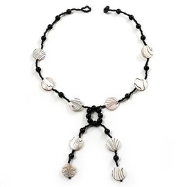 Avalaya Glass & Shell Bead Tassel Necklace in Black & White Colours/ 48cm L/ 11cm Tassel
