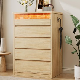 Jocoevol Larger Oak 5 Drawer Dresser for Bedroom with LED Light, Modern Chest of Drawers with Hidden Handles, Tall Wooden Dresser Closet for Living Room, Entryway, Hallway - Oak