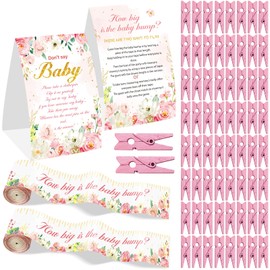 Weecent Baby Shower Games, Floral Baby Shower Games Sign How Big is The Baby Bump and Don't Say Baby, 2 Tummy Measure Rolls and 50 Mini Clothespins, Baby Shower Decorations Party Favors Supplies