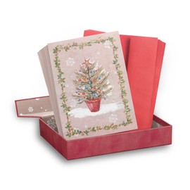 Masterpiece Whimsical Christmas Tree Cards / 16 Boxed Holiday Card Set With Coordinating Red Envelopes / 5 5/8" x 7 7/8" Folded Winter Greeting Cards With Inside Verse