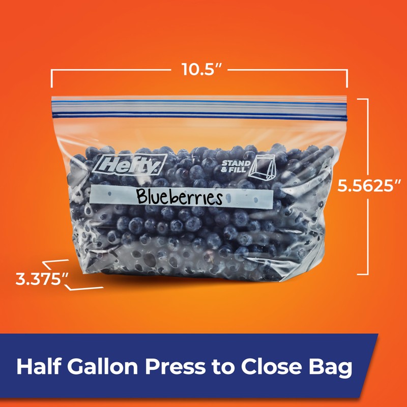 Hefty Press to Close Plastic Freezer Bags, Half Gallon Size,