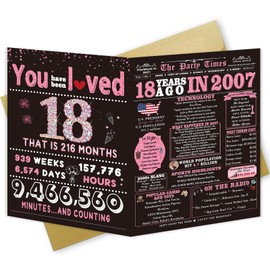 Happy 18th Birthday Card Gifts for Girls, Daughter, Niece, Granddaughter, 18th Birthday Decorations for Girls, Large Birthday Card for 18 Year Old, Funny Back in 2007 Birthday Card, Rose Pink Gold