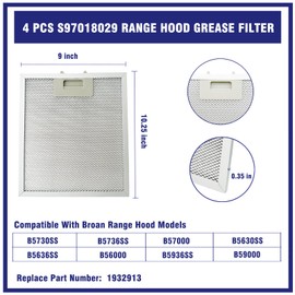 4 Pcs S97018029 Range Hood Grease Filter Replacement Compatible with Broan B5730SS, B5736SS, B57000, B5630SS, B5636SS, B56000, B5936SS, B59000, 10.25'' x 9'' x 0.35'', Replace 1932913