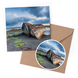 1 x Greeting Card & 10 cm Round Sticker Set - Fishing Boats Isle of Mull Scotland - Birthday Thank You Friend Lover Fan Mum Dad Kids #45023