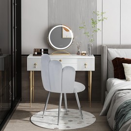 BOWTHY Vanity Chair for Makeup Room - Midcentury Modern Accent Chair for Living Room Bedroom, Makeup Chair with Back Support Velvet Chair with Metal Legs (Light Grey)