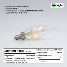 LafoHome EcoBright BA11 CA11 LED Candelabra Bulbs Dimmable Filament Candle Lights 40W Equivalent E12 Base 2700K Warm White Clear Glass High CRI Flicker Free ETL and FCC Certified 12 Pack