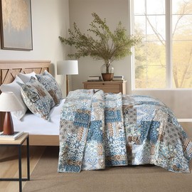 ENASAL Cotton Bedspread Quilt Bedding Sets Reversible Coverlet Comforters Blue Bohemian Rustic Floral Patchwork Pattern Bedspread for All Season,Queen Size