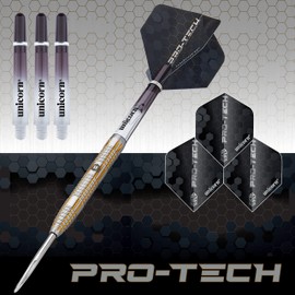 Unicorn Steel Tip Professional Darts Set | Pro-Tech Style 4 | 90% Natural Tungsten Barrels with Golden Accents & Volute Points | 20 g