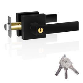 YHANNI Matte Black Square Door Handle with Key, Privacy Lockset for Interior Bedroom and Bathroom Doors, Heavy Duty Reversible Lever Design (1 Pack)