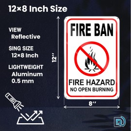 No Campfires Sign, 8x12 Reflective Aluminum Fire Ban No Open Burning Fire Hazard Sign