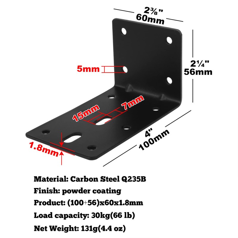 10 Pcs 4" Black Steel L Right Angle Bracket, Corner