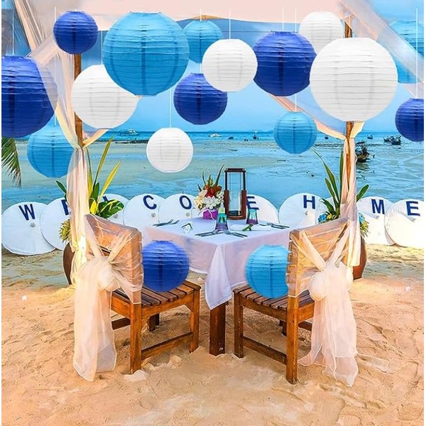 Round Chinese Paper Lantern, 16pcs Paper Lanterns Decorative, Hanging Paper Lanterns Decoration for Weddings, Graduation, Birthdays, Parties and Events, Assorted Sizes (Blue)