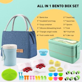 Meltset M 35Pcs Japanese Bento Box for Adults&Kids Lunch Box Kit Leakproof Wheat Straw Eco-Friendly 3 Compartment Stackable Lunch Box with Containers (Green)