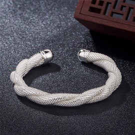 L & J 925 Sterling Silver Plated Adjustable Mesh Twisted Cuff Bangle Bracelet for Women